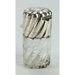 Silver topped glass scent bottle of spiral design, consisting of two compartments (grille