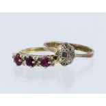 Two rings to include a 9ct yellow gold ring set with three rubies and eight round diamonds, finger