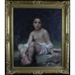 20th century portrait of a semi-clothed young girl seated on a rock. Oil on canvas. Signed D