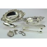 Silver. A group of silver & plated items, comprising large serving spoon, sugar tongs, two bon bon