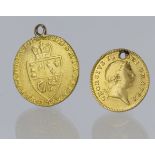 George III gold coins (2) both ex mount. Guinea 1793 along with Half Guimea 1804 (holed).