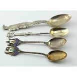 Four silver & white metal souvenir spoons, comprising two enamel, one with rifle handle & another