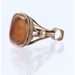 9ct rose gold fob set with cushion shaped carved hardstone measuring aprox. 20mm x 16mm, weight 10.