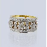 18ct yellow gold triple cluster diamond ring comprising two diamond set bands separated by three