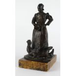 After Paul Moreau Vauthier. Bronze figure depicting a female figure feeding chickens, signed to base