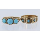 Two turquoise rings to include 9ct yellow gold three stone turquoise gypsy ring in a star setting,