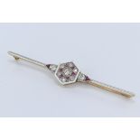 Stamped '18CT' yellow gold and white metal Art Deco hexagonal bar brooch, set with diamond's and