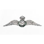 White metal (tests as Platinum), diamond and enamel RAF brooch. Approx 56mm in length, weight 8.2g