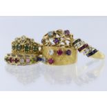 Five mixed gemstone dress rings to include 18ct yellow gold diamond and emerald tiara ring, set with