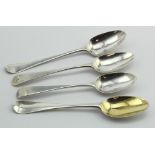 Four 18th century silver teaspoons, two Hanoverian pattern and two Old English pattern - all have