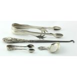 Mixed lot of silver includes three pairs of sugar tongs (Georgian Edinburgh 1813, Chester 1911 and