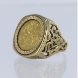 9ct yellow gold cushion shaped Sovereign ring with decorative shoulders, set with a 1982 Half