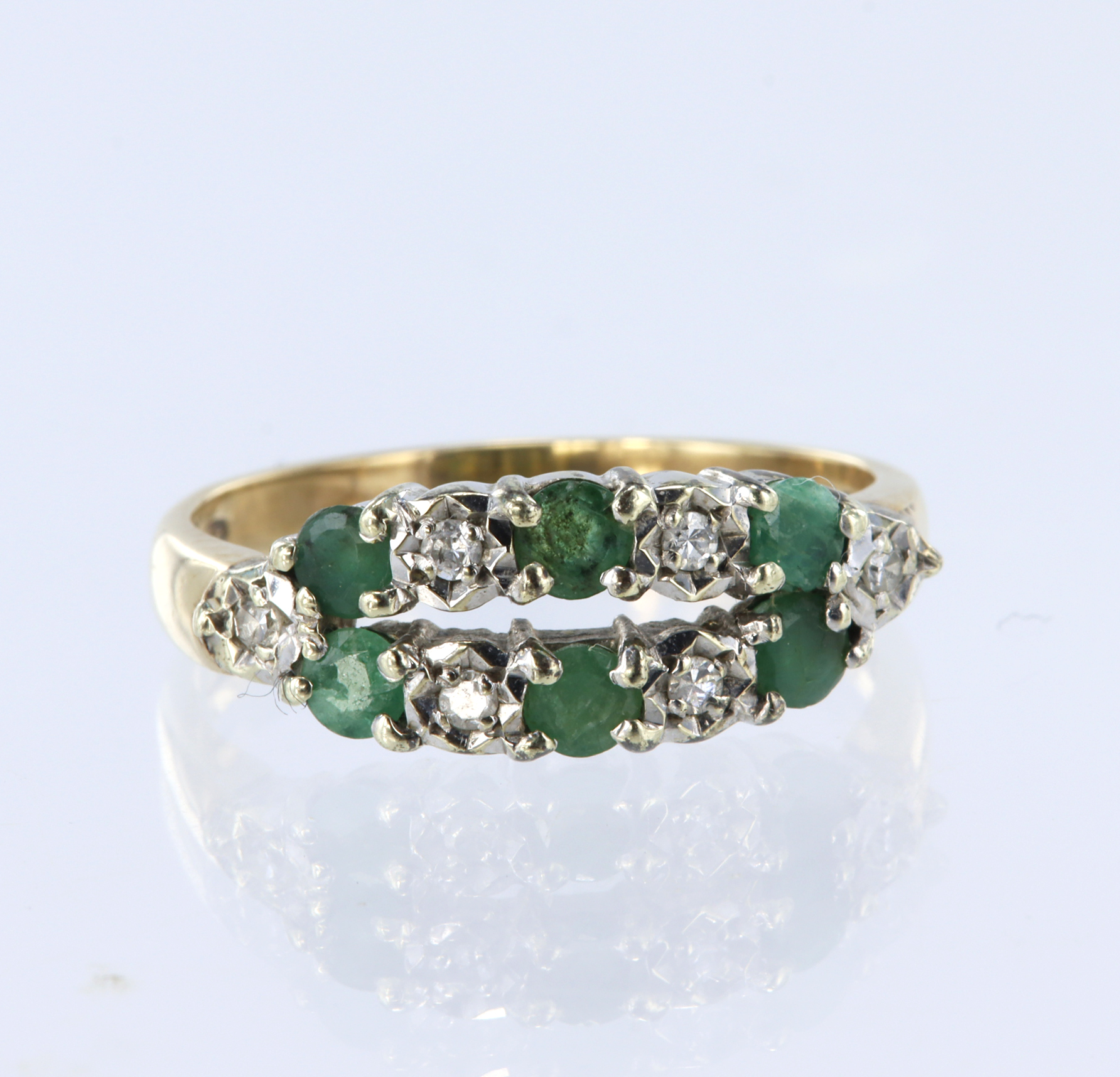 9ct yellow gold emerald and diamond two row half eternity ring set with six 3mm diameter round