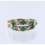 9ct yellow gold emerald and diamond two row half eternity ring set with six 3mm diameter round