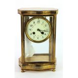 French Four glass brass mantel clock, floral dial with Arabic numerals, mercury pendulum present,