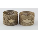 Two Indian unmarked silver filigree napkin rings c1900. Total weight 2oz approx