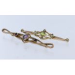 Pair of bar brooch's to include yellow metal tests 9ct, old cut peridot and seed pearl brooch, total