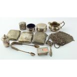 Mixed silver. A group of various silver items, including cigarette cases, stamp holder, trinkets,