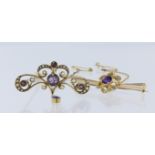 Pair of amethyst and pearl brooch's to include stamped '15ct' brooch set with four round cut