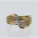 9ct yellow gold rope design multi row offset ring set with five round cz, finger size M/N, weight