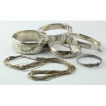 Five silver bangles - three hallmarked and two marked 925 and Sterling and a silver necklace. Weight