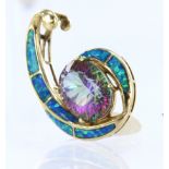 14ct yellow gold pendant set with an oval fantasy cut coated topaz (mystic topaz) measuring