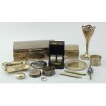 Mixed silver. A group of various silver hallmarked napkin rings, boxes, trays etc., silver weight