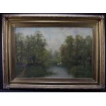 Clark, Octavius Thomas (British 1850-1921) Oil on canvas depicting swans on a river through woods