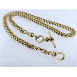 9ct "T" bar pocket watch chain. Length 65.6cm, weight 84.2g