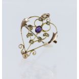 Rose metal tests 9ct, lavalier pendant/brooch set with seed pearls and amethyst, length 50mm x 28mm,