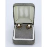 9ct yellow gold cultured pearl and sapphire stud earrings, cultured pearl measures 5.5mm, set with