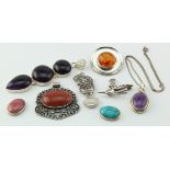 Mixed lot of silver jewellery (eight items) total weight including stones etc. 3.75oz