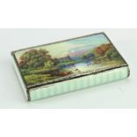 Silver & enamel snuff box with hand painted scene to lid, depicting a riverside view, stamped inside