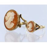 Two cameo rings to include 9ct yellow gold, shell cameo depicting a lady in profile, measuring18mm x