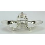 Silver & glass inkwell with stand, hallmarked 'HM, Birmingham 1900', stand length 20cm approx.