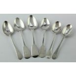 Channel Islands six silver teaspoons c1780-1840 comprising LC (unknown maker) PA (Pierre Amiraux)