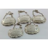 Five modern silver wine labels comprising Sherry, Cognac, Rum, Scotch and blank hallmarked CR&S