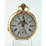 Gents 14ct cased open face pocket watch, the white signed dial by Calendrier Brevete with roman