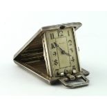 Silver cased travel clock by eszeha, case stamped '935', size 43mm x 32mm approx. (working at time