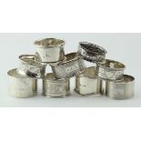 Nine silver napkin rings all hallmarked - includes two Victorian and one Chester 1907. Total