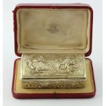 Silver box ornately decorated with a classical scene, import marks (AK, London 1910), gilt lined,