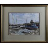 Fishing Boats anchored in harbour at low tide by Michael Smith. Signed and dated 1989. Framed and