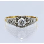 Stamped '18CT PLAT' diamond solitaire ring with supporting diamond shoulders, principle old-European