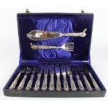 Attractive boxed set of silver handled fish knives and forks (six of each) plus two fish servers.