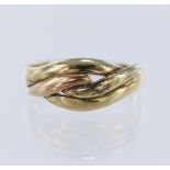 9ct yellow and rose gold cross over ring, finger size O/P, weight 3.6g