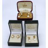 Three pairs of eaarings to include 9ct yellow gold cultured pearl studs with bezel, pearl measured