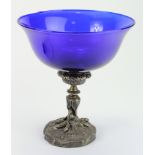 Victorian Elkington silver plated tazza, consisting a blue glass dish on a pedestal claw base, circa