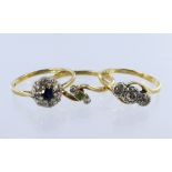 Three 18ct ladies rings all with precious stones. Total weight 7.2g