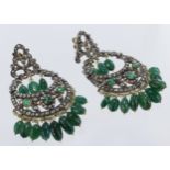 Yellow metal and silver antique emerald and diamond chandelier earrings, set with rose cut