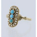 9ct yellow gold Art Deco style ring set with three round 3mm turquoise cabochons surrounded by